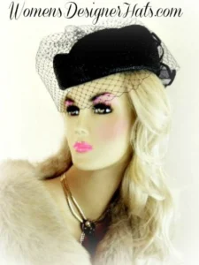 Black Pillbox Hat With A Birdcage Veil, Fashion Hats, Designer Hats For Women, Hats For Weddings