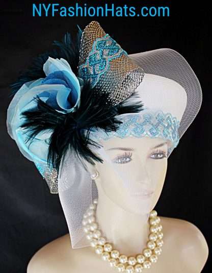 White Metallic Silver Turquoise Blue Designer Hat