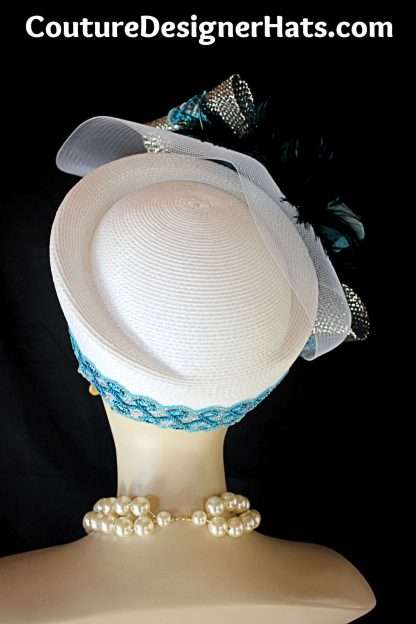 White Metallic Silver Turquoise Blue Designer Hat