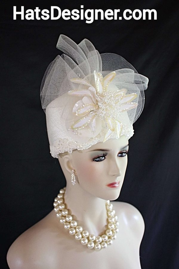 Winter White Beige Pillbox Statement Hat