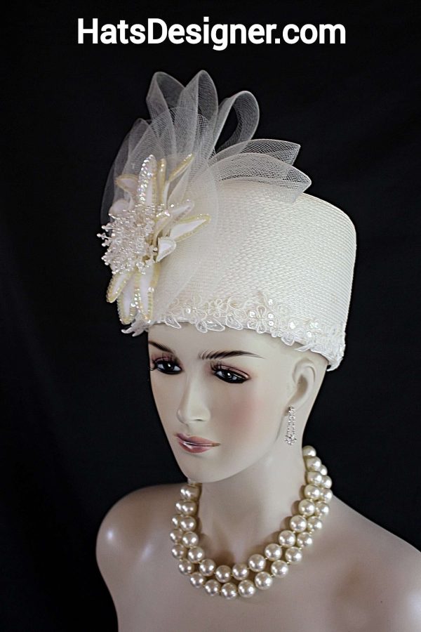 Winter White Beige Pillbox Statement Hat