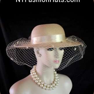 Beige Medium Brim Wedding Bridal Hat With A Birdcage Veil