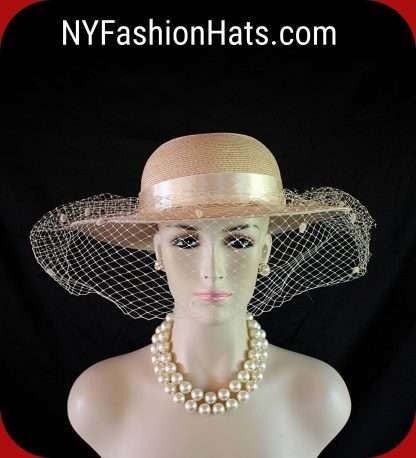 Beige Medium Brim Wedding Bridal Hat With A Birdcage Veil