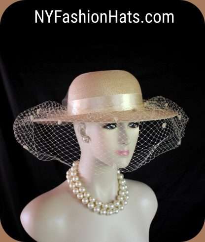 Beige Medium Brim Wedding Bridal Hat With A Birdcage Veil