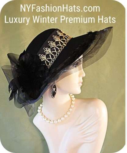 Black Gold Sheer Edge Wide Brim Winter Wool Luxury Hat