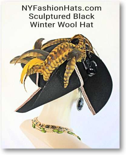 Black Mustard Gold Shaped Couture Evening Exclusive Winter Wool Hat