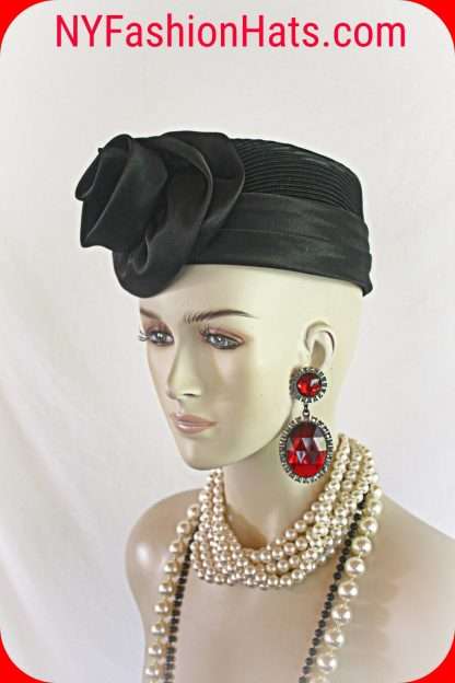 Black Satin Pillbox Formal Church Temple Hat