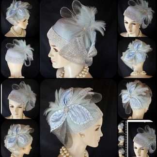 Blue Metallic Silver Pillbox Wedding Hat Women