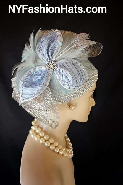 Blue Metallic Silver Pillbox Wedding Hat Women