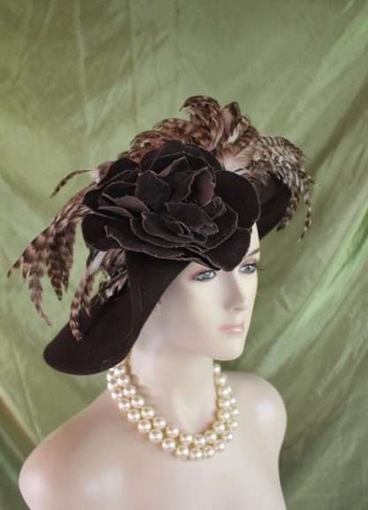 Brown Haute Couture Designer Winter Hat With Tiger Feathers