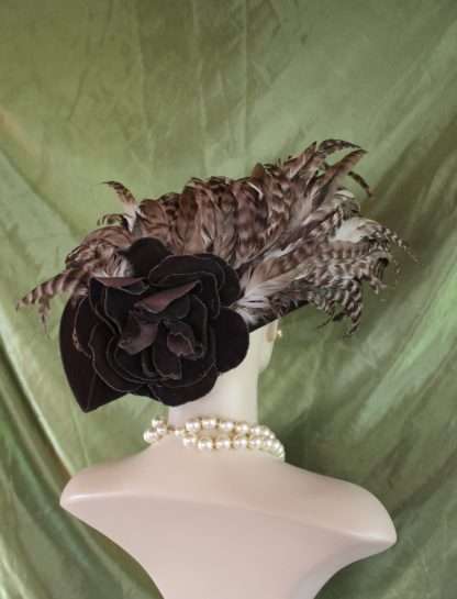 Brown Haute Couture Designer Winter Hat With Tiger Feathers