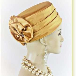 Classic Antique Gold Satin Pillbox Formal Church Temple Hat