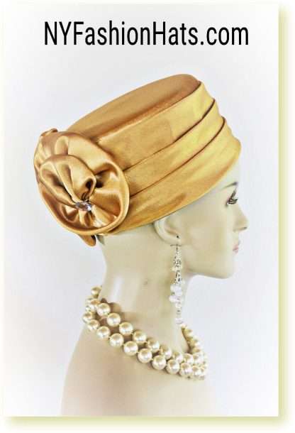 Classic Antique Gold Satin Pillbox Formal Church Temple Hat