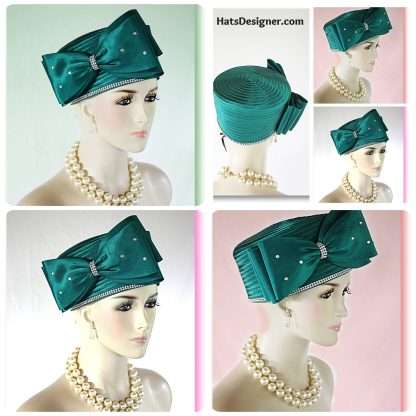 Classic Green Satin Pillbox Formal Church Temple Hat