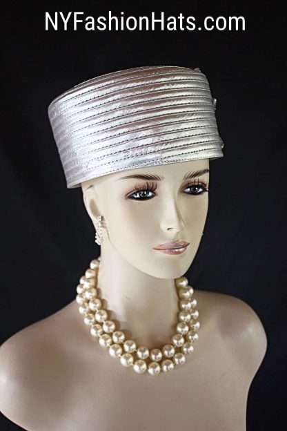 Classic Metallic Silver Satin Pillbox Formal Church Temple Hat