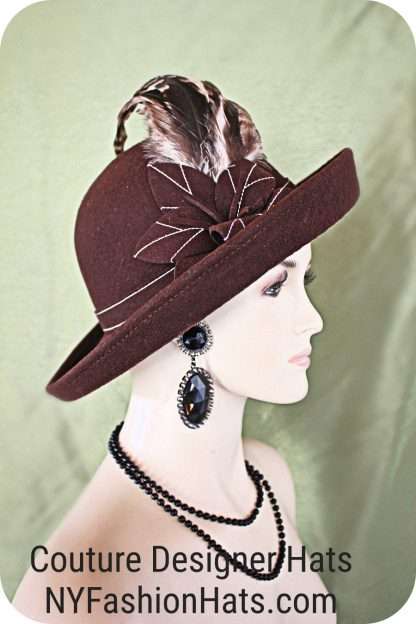 Brown Tiger Feathered Wool Vintage Style Hat