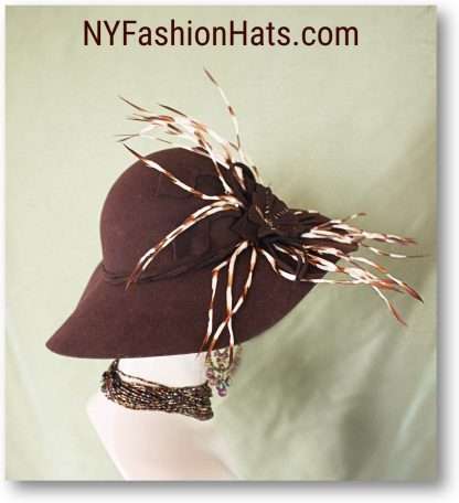 Brown Tiger Feathers Winter Wool Wide Brim Luxury Formal Hat For Women