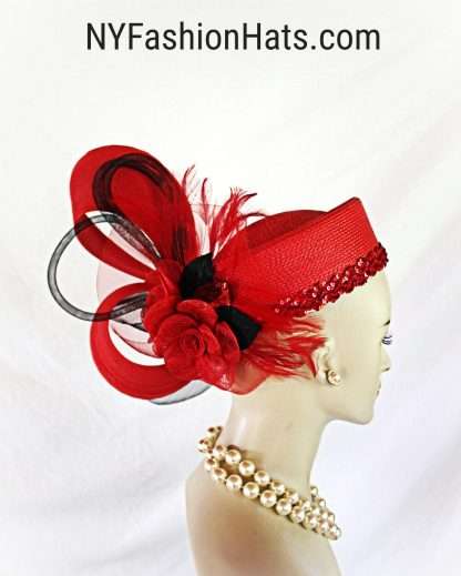 Formal Red Black Statement Pillbox Wedding Hat