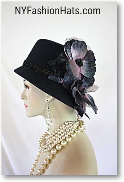 Hollywood Glamour Black Wool Velvet Winter Church Dress Hat