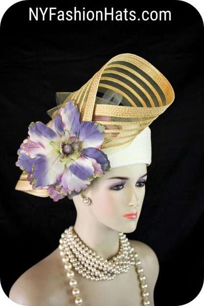 Ivory Purple Gold Motf Premium Pillbox Wedding Formal Hat