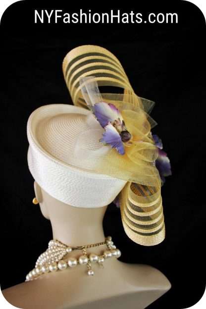 Ivory Purple Gold Motf Premium Pillbox Wedding Formal Hat