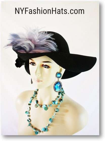 Old Hollywood Glamour Black Baby Blue Feathered Floppy Hat