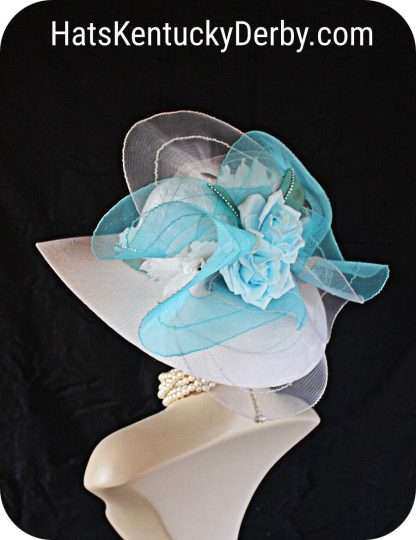 White Turquoise Aqua Big Bow Wide Brim Hat