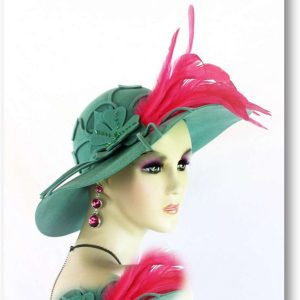 Couture Jade Green Hot Pink Wide Brim Designer Winter Fashion Hat