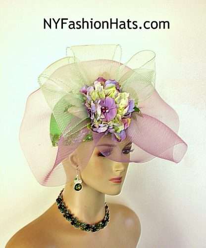 Couture Lime Green Lavender Purple Designer Pillbox Hat