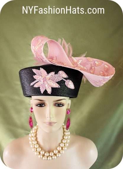 Couture Navy Blue And Pink Sculptured Pillbox Fashion Hat"Breeze" Bridal Wedding Brides Statement Hat Headpiece