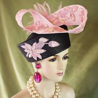 Couture Navy Blue And Pink Sculptured Pillbox Fashion Hat"Breeze" Bridal Wedding Brides Statement Hat Headpiece