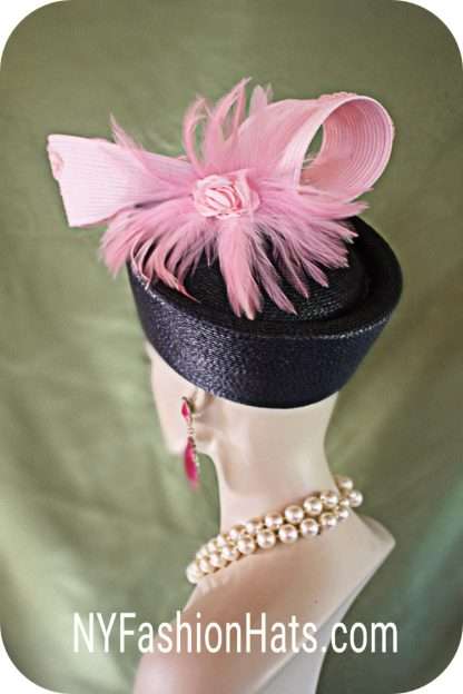 Couture Navy Blue And Pink Sculptured Pillbox Fashion Hat"Breeze" Bridal Wedding Brides Statement Hat Headpiece