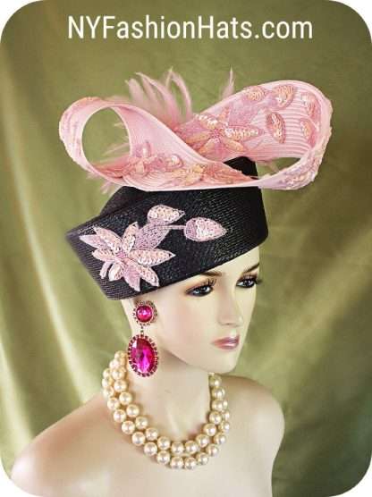 Couture Navy Blue And Pink Sculptured Pillbox Fashion Hat"Breeze" Bridal Wedding Brides Statement Hat Headpiece