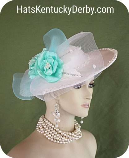 Couture White Mint Green Satin Bridal Hatinator Wedding Hat Brides