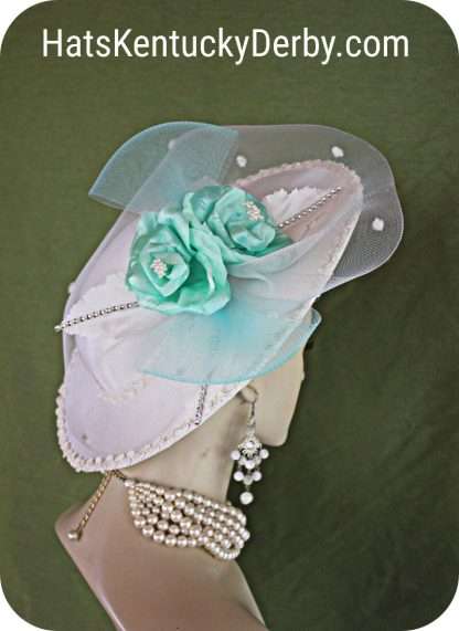 Couture White Mint Green Satin Bridal Hatinator Wedding Hat Brides