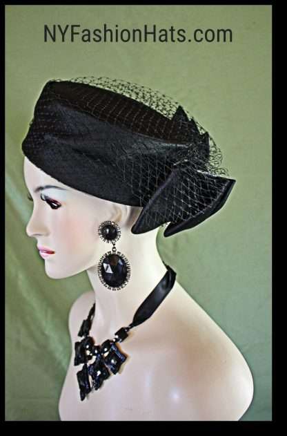 Formal Black Satin Pillbox Wedding Hat