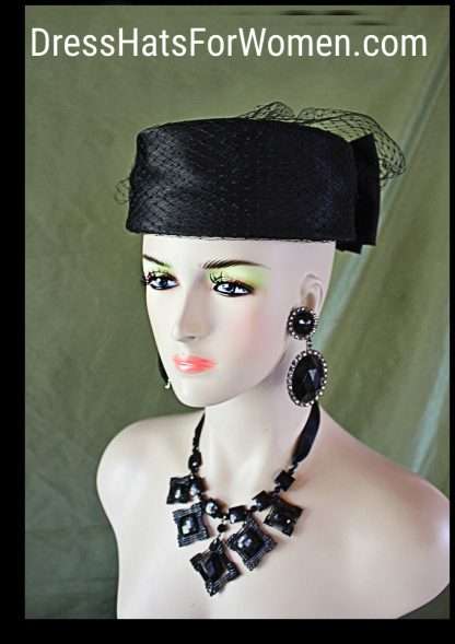 Formal Black Satin Pillbox Wedding Hat