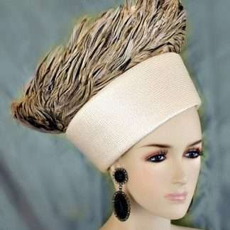 Hat Haute Couture Ivory Brown Feathered Pillbox Hat