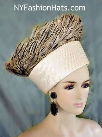 Hat Haute Couture Ivory Brown Feathered Pillbox Hat