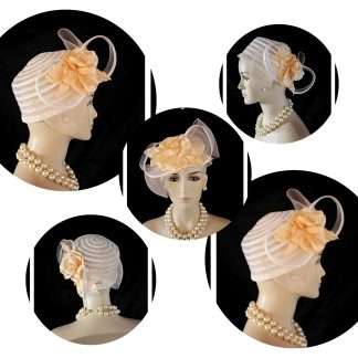 Haute Couture Beige Peach Sheer Pillbox Bridal Hat