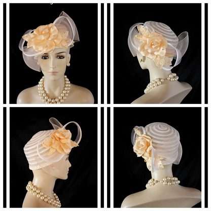 Haute Couture Beige Peach Sheer Pillbox Bridal Hat