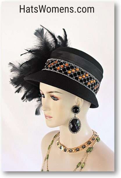 Haute Couture Black Winter Wool Vintage Style Glamorous Designer Feathered Hat