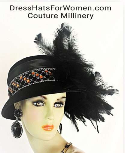 Haute Couture Black Winter Wool Vintage Style Glamorous Designer Feathered Hat