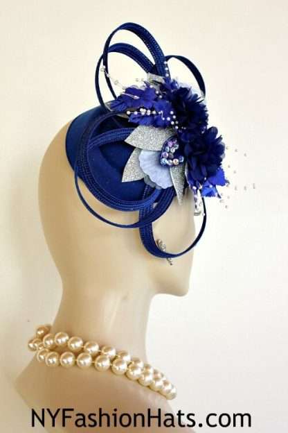 Haute Couture Designer Royal Blue Metallic Silver Hat Wedding Fascinator