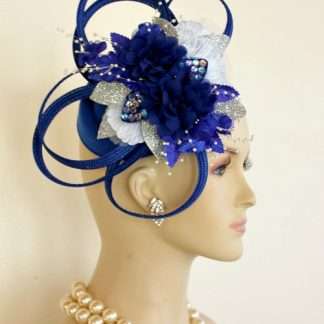 Haute Couture Designer Royal Blue Metallic Silver Hat Wedding Fascinator