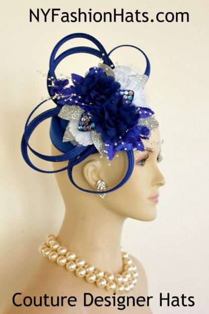 Haute Couture Designer Royal Blue Metallic Silver Hat Wedding Fascinator