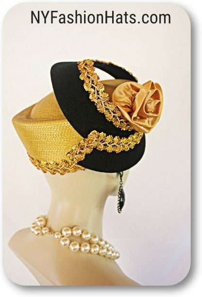 Haute Couture Motf Premium Antique Gold Straw Black Wool Sculptured Pillbox Hat