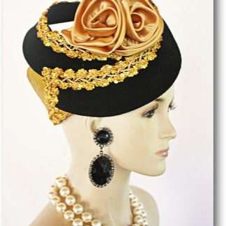 Haute Couture Motf Premium Antique Gold Straw Black Wool Sculptured Pillbox Hat