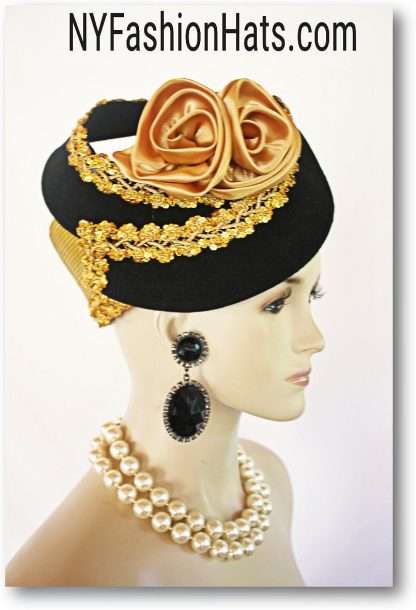 Haute Couture Motf Premium Antique Gold Straw Black Wool Sculptured Pillbox Hat