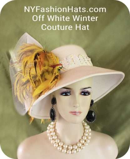 Mustard Yellow Beige Brown Statement Feathered Formal Hat